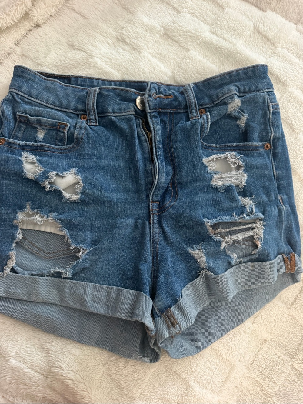 Aeropostale Distressed Rolled-Hem Denim Shorts - Blue